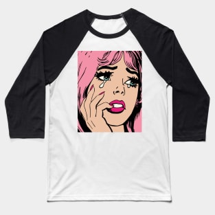 Pink Hair Sad Crying Girl Vintage Comic 50s Baseball T-Shirt